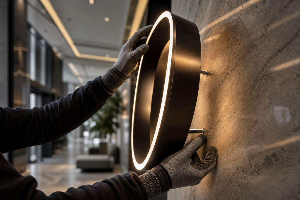 Dimensional signage installed on premium corporate lobby wall by Curated Fabrication installation team