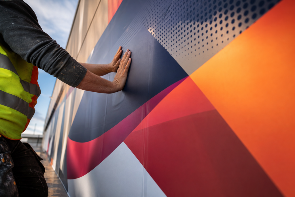 Installer applying large-format brand graphic to architectural wall during on-site environmental graphics installation