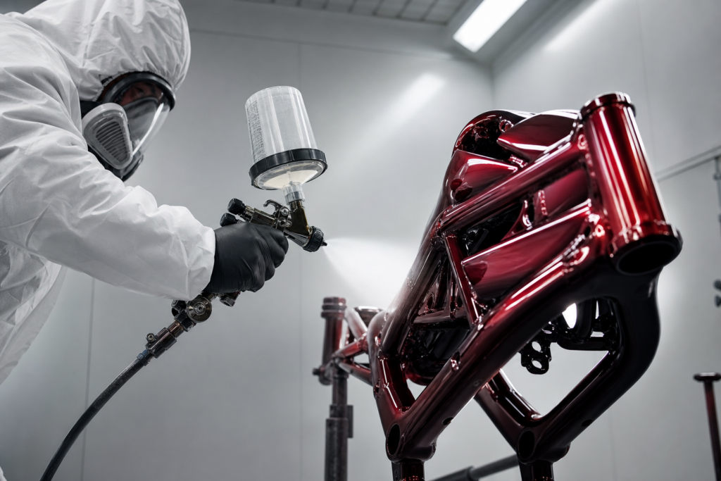 Automotive-grade spray finish applied to custom fabricated component in climate-controlled Curated Fabrication paint booth