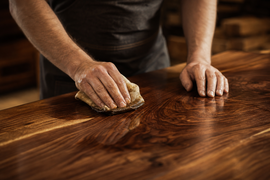 Hand-applied oil finish on custom wood furniture revealing premium grain at Curated Fabrication